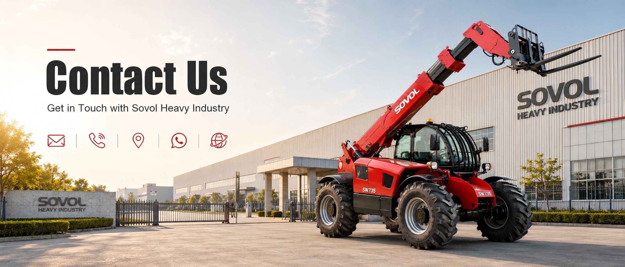 Contact Sovol Machinery for wheel loaders and telehandlers, a SW735 telehandler is displayed at the factory outside with global service support.