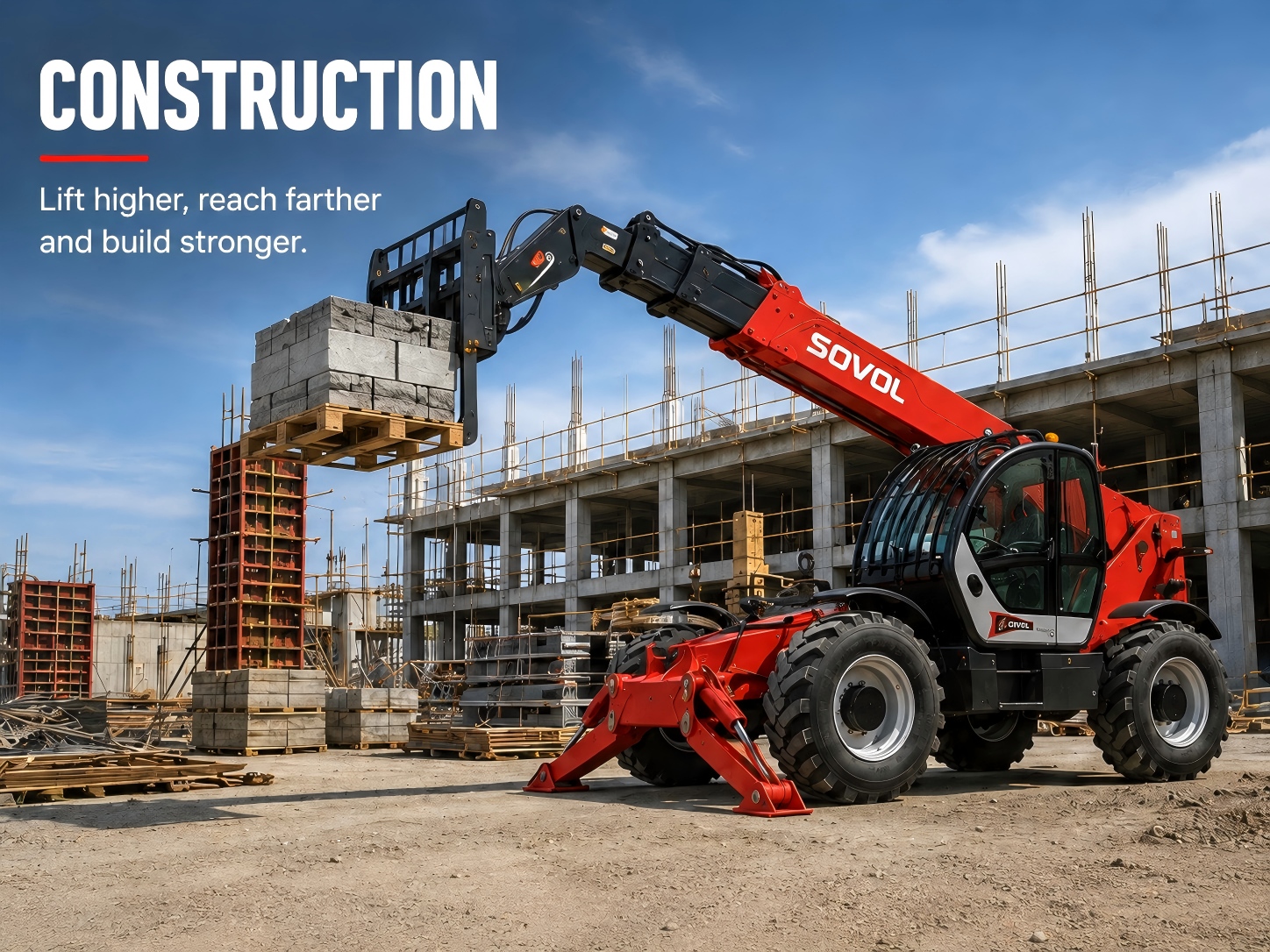 Telehandlers Sovol telehandler is lifting concrete blocks at a construction site