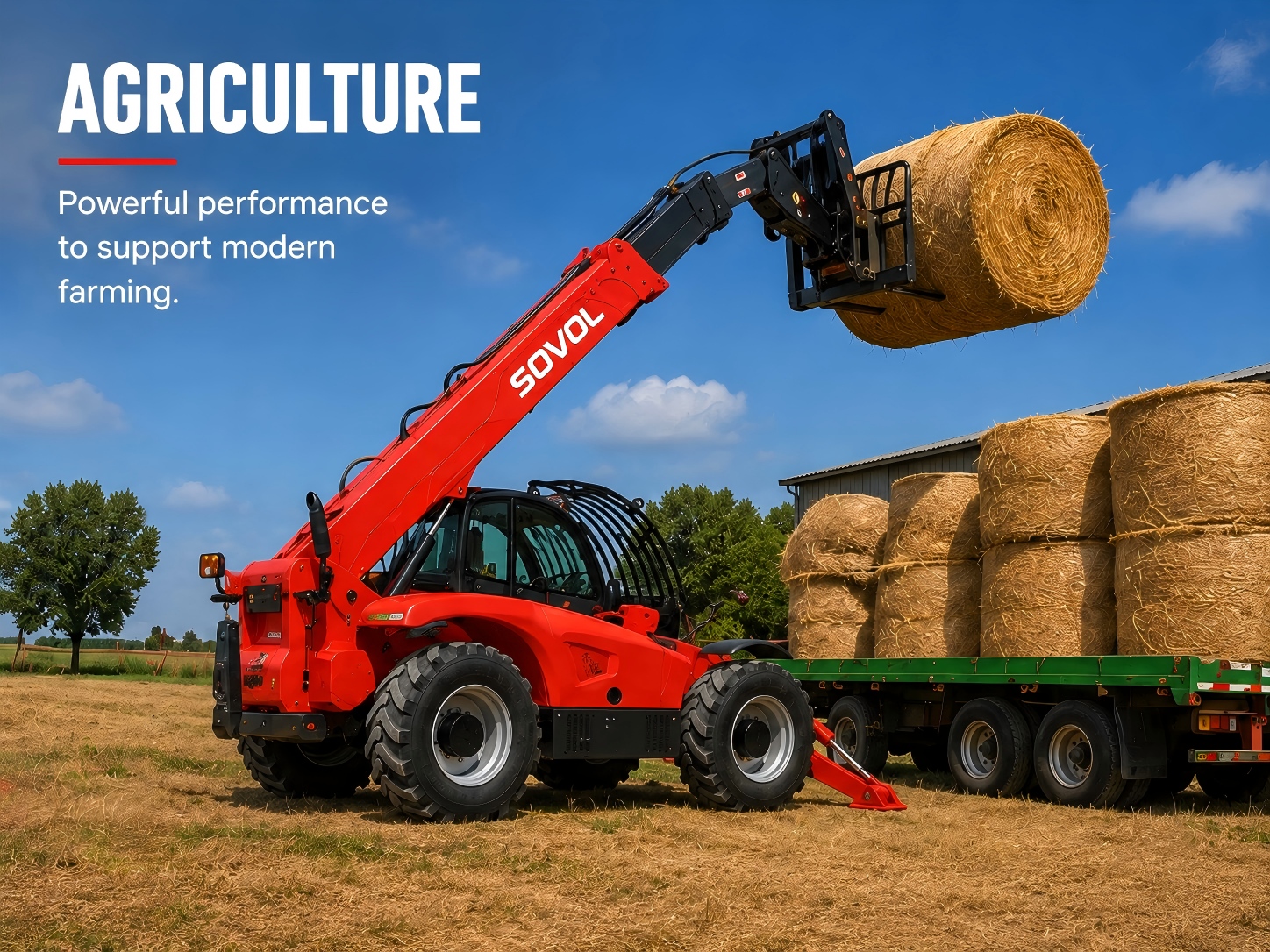 Telehandlers Sovol telehandler is handling hay bales on a farm