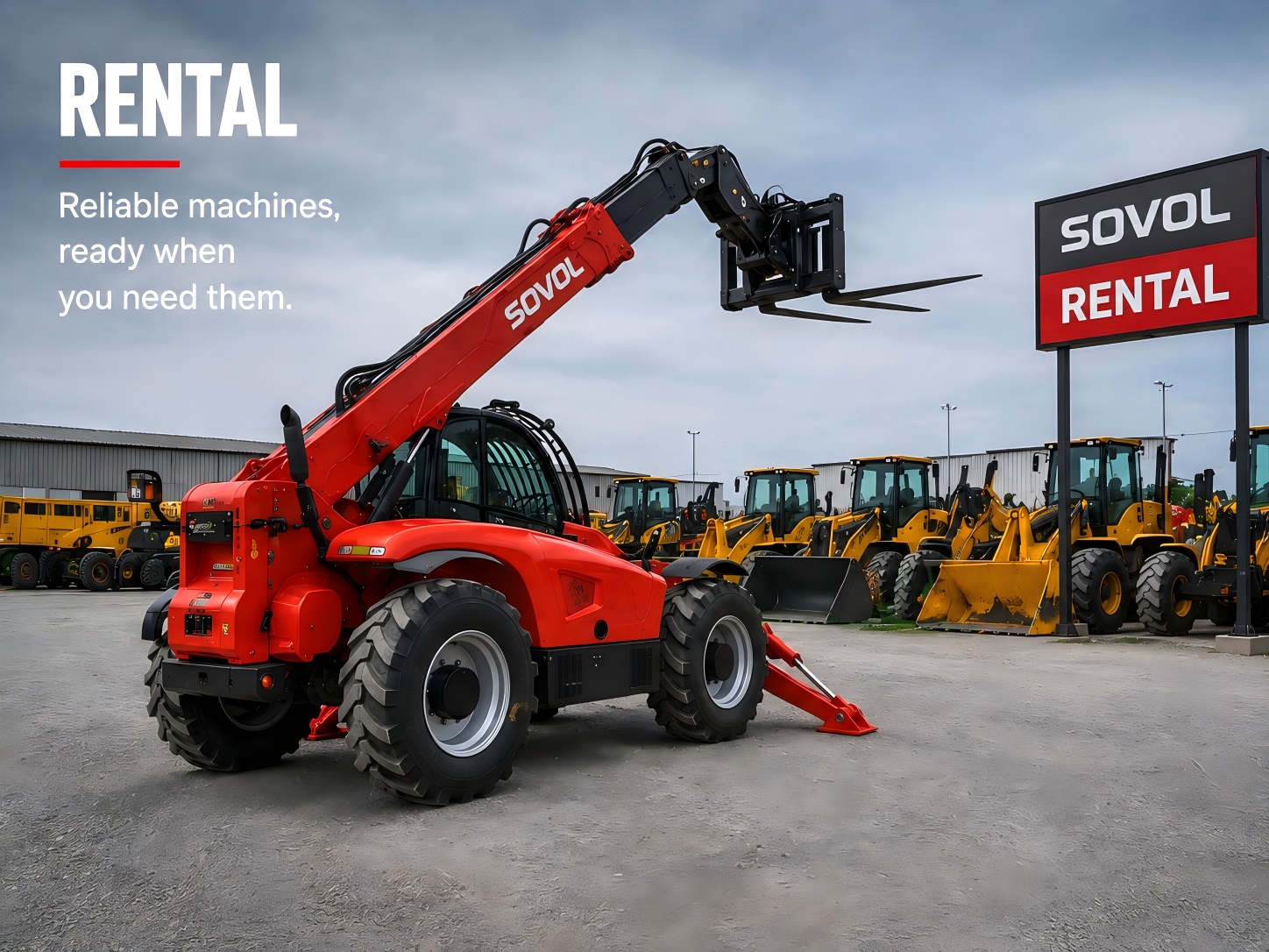 Telehandlers A Sovol telehandler is displayed in a construction equipment rental yard