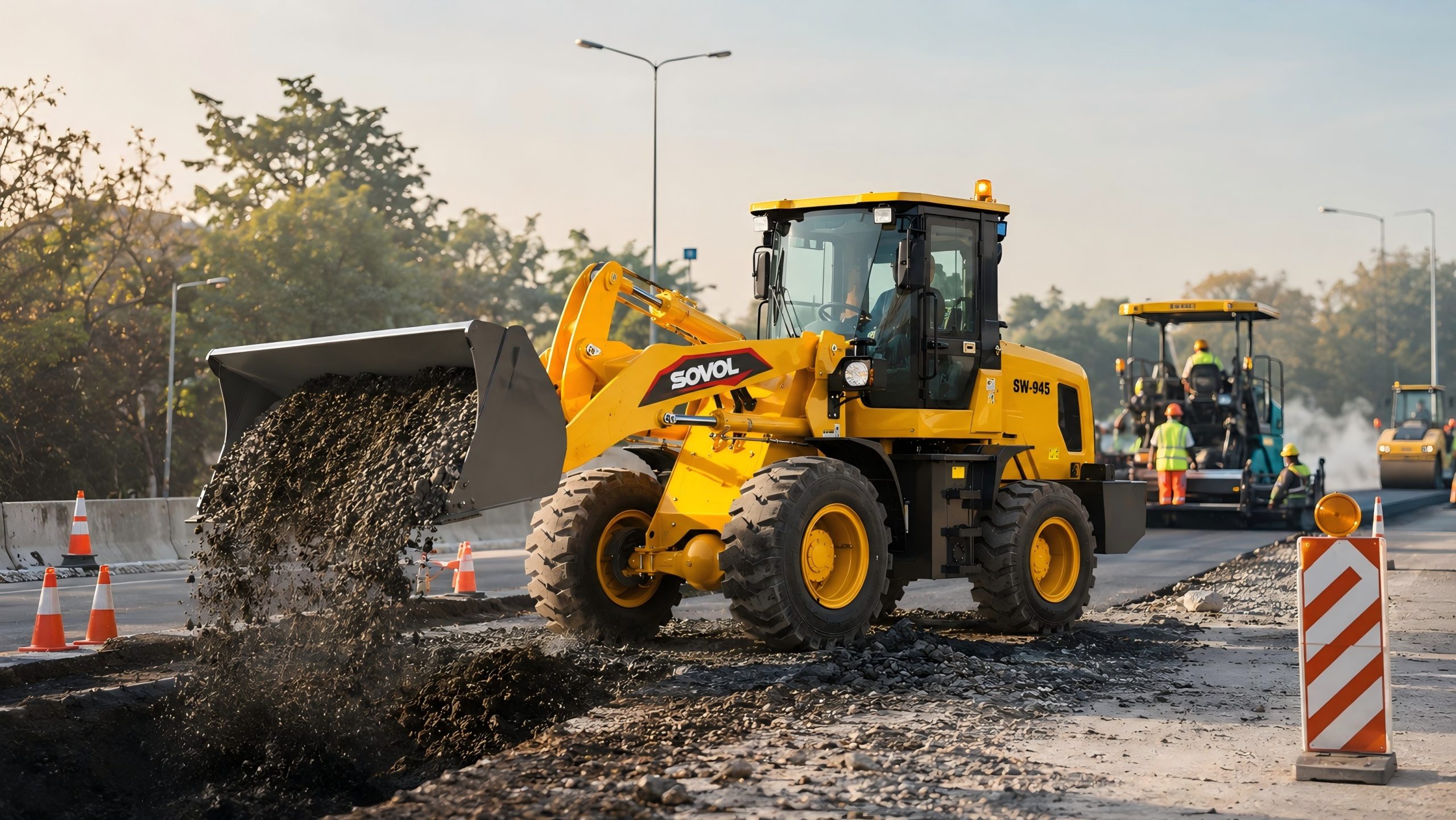 Wheel Loaders Sovol wheel loader works at a road maintenance site