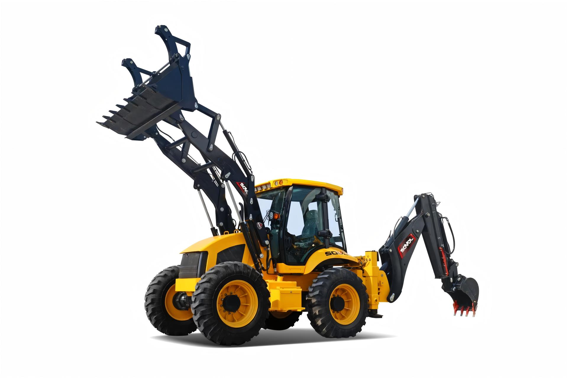 Sovol backhoe loader with raised front bucket and rear digging arm