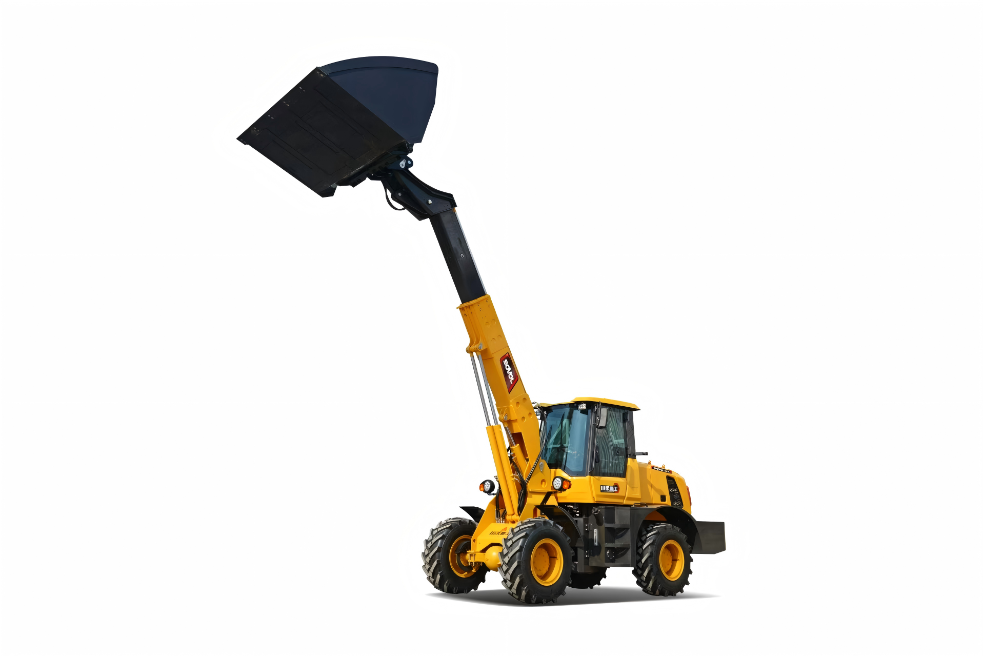 Telescopic wheel loader with extended boom and bucket attachment of Sovol